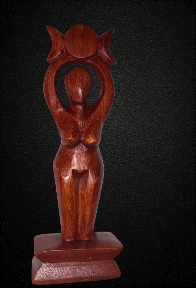 Statuette d'Autel Déesse Triple Lune en Bois Sculptée à la Main